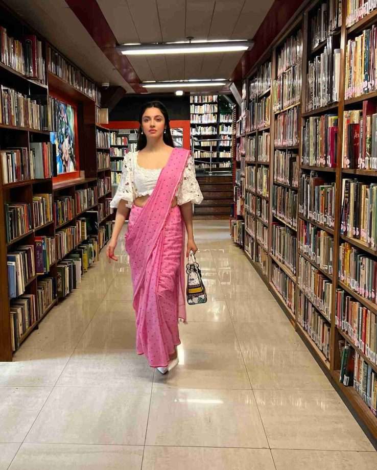 Diya Khosla in a pink saree with white contrast blouse