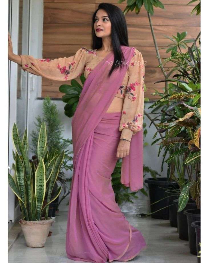 Plain Purple Saree with contrast sandal full sleeve blouse