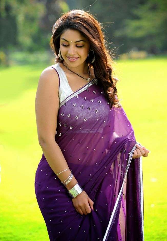 Purple Saree with Contrast Blouse in Green by Shraddha Kapoor