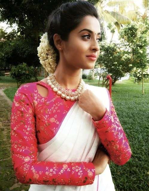 Plain White Saree with contrast designer pink blouse