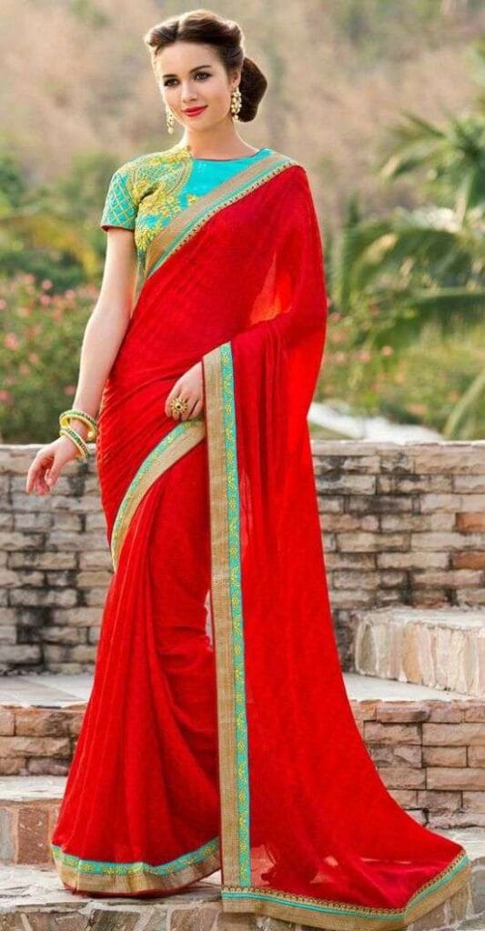 Red Saree with Contrast Blouse in Sky Blue