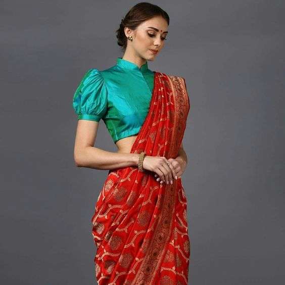 Fashion Perfection:Red Saree With Contrast Blouse!