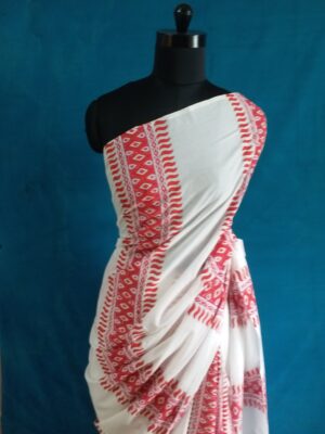 White linen saree with pink prints- Handloom Linen Saree