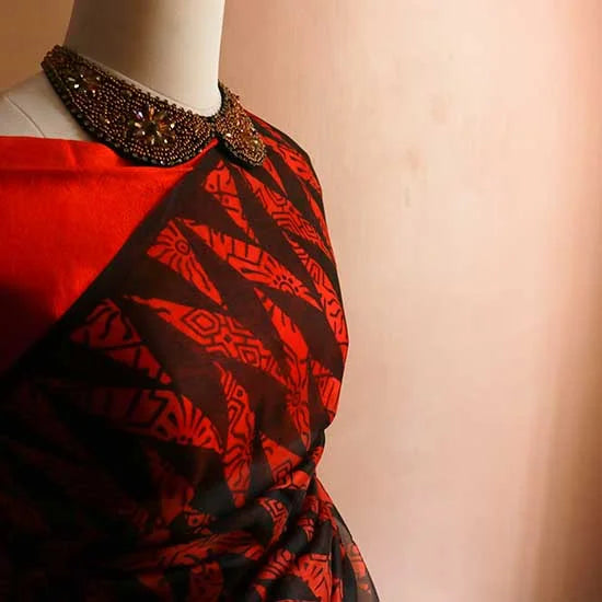 37_jpg Pure Red Organza Saree with Black hand block Prints
