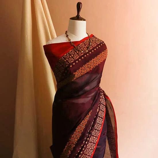 52_jpg Pure Handloom Block Printed Brown Silk Cotton Saree