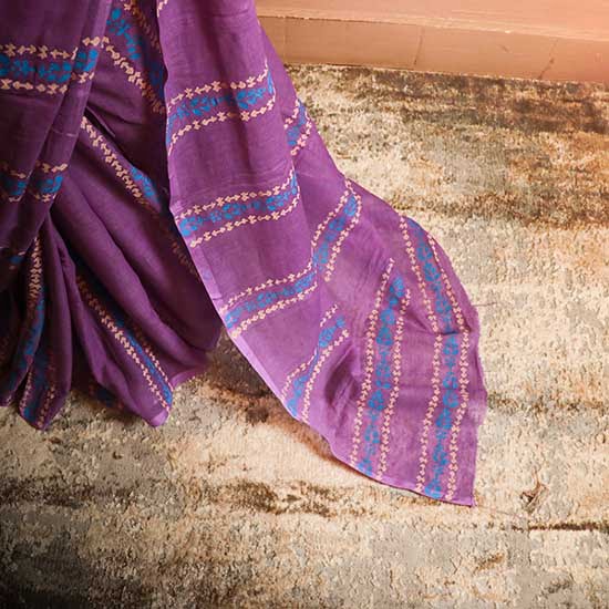 53 Purple colour designer block printed Mul Cotton saree