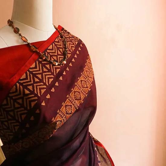 53_jpg Pure Handloom Block Printed Brown Silk Cotton Saree