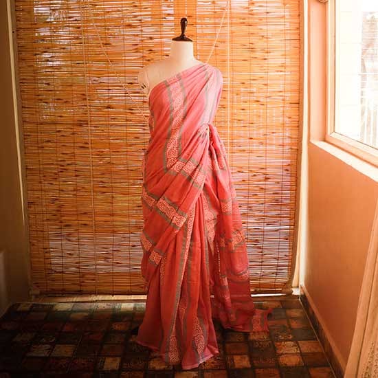 70 Peach colour designer Mul cotton saree
