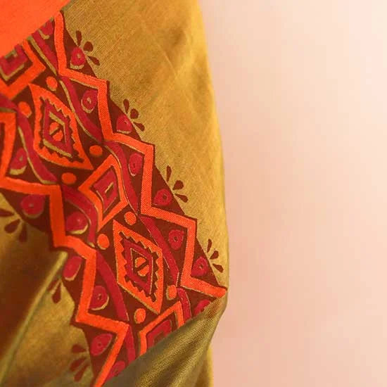 Pure Handloom Olive Green and Orange Silk Cotton Saree