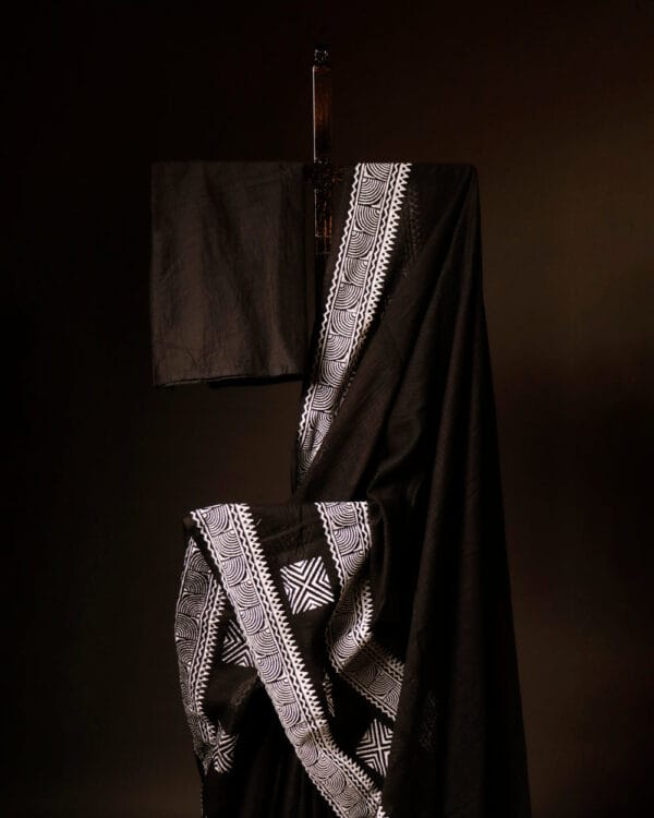Black with White Printed Kota Cotton Saree, Close up
