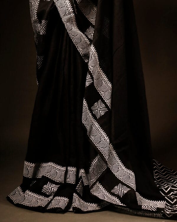 Black with White Printed Kota Cotton Saree. bottom close up