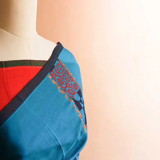 Blue-silk-cotton-with-tomato-pink-blouse2_jpg Pure Handloom Sapphire Blue Silk Cotton Saree