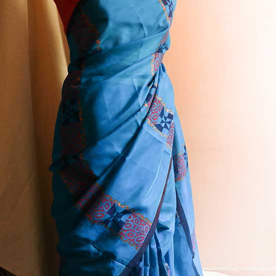 Blue-silk-cotton-with-tomato-pink-blouse3 Pure Handloom Sapphire Blue Silk Cotton Saree