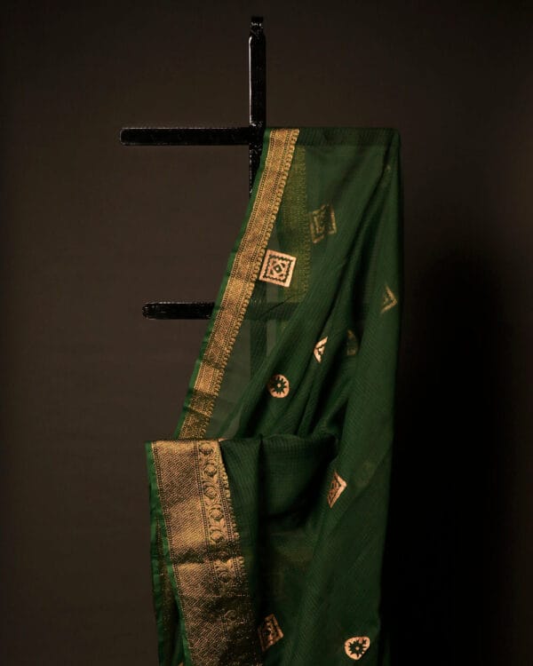 Emerald_Enchantment_Green_Kota_Cotton_Zari_Printed_Saree_3 Emerald Enchantment Green Kota Cotton Zari Printed Saree, Top side close up