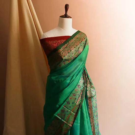 Green-Silk-cottonWith-Maroon-blouse1_jpg Pure Handloom Emerald Green Silk Cotton Saree