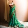 Green-Silk-cottonWith-Meroon-blouse Pure Handloom Emerald Green Silk Cotton Saree