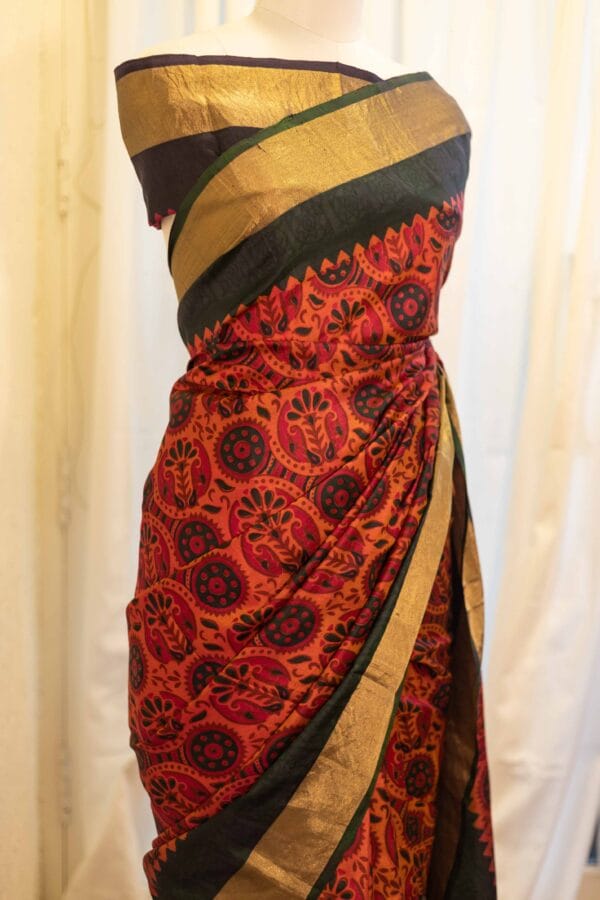 IMG-1446 Autumn Elegance Orange and Black Printed Kanchipuram Silk Saree