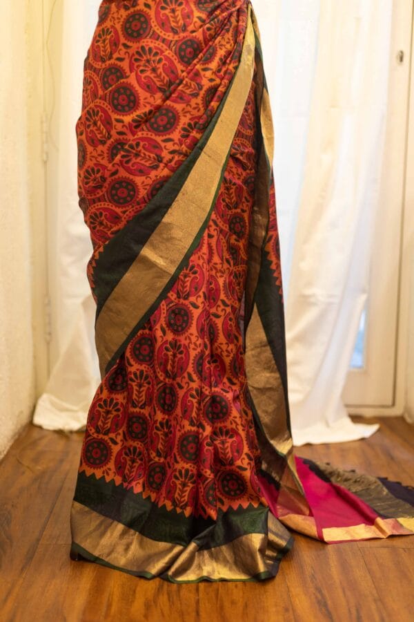 IMG-1449 Autumn Elegance Orange and Black Printed Kanchipuram Silk Saree