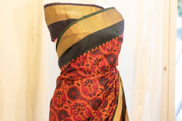 IMG-1450 Autumn Elegance Orange and Black Printed Kanchipuram Silk Saree