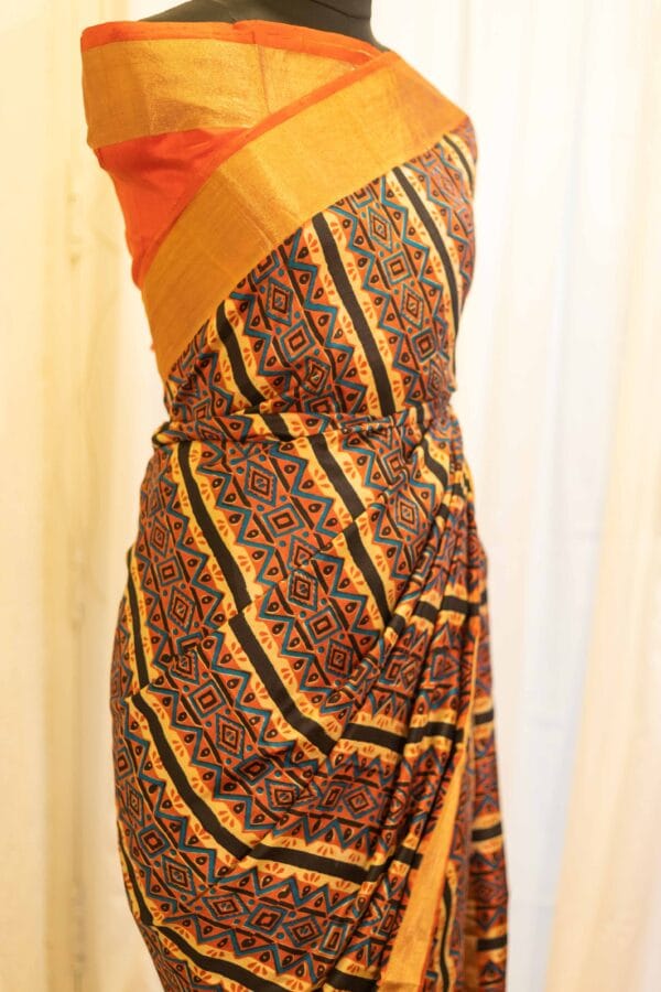 IMG-1471 Mystic Sunset Orange and Black Striped Printed Kanchipuram Silk Saree