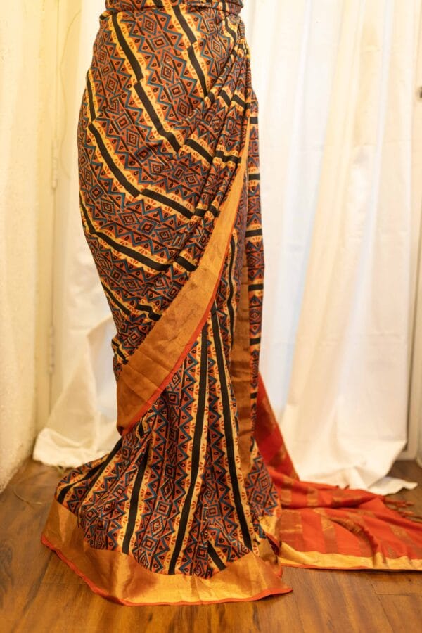 IMG-1473-1 Mystic Sunset Orange and Black Striped Printed Kanchipuram Silk Saree