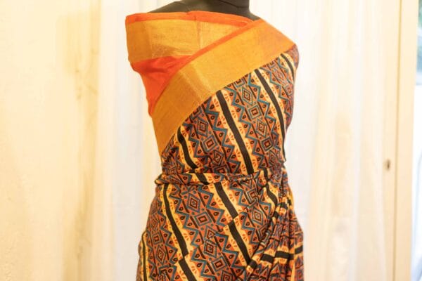 IMG-1474 Mystic Sunset Orange and Black Striped Printed Kanchipuram Silk Saree