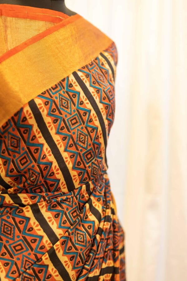 IMG-1476 Mystic Sunset Orange and Black Striped Printed Kanchipuram Silk Saree