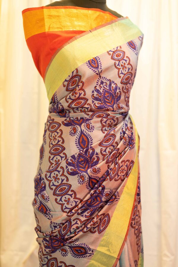 IMG-1543 Sunset Bouquet Orange and Pink Printed Kanchipuram Silk Saree