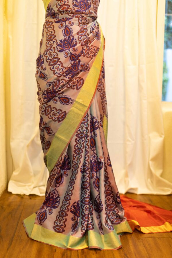 IMG-1545 Sunset Bouquet Orange and Pink Printed Kanchipuram Silk Saree