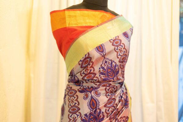 IMG-1548 Sunset Bouquet Orange and Pink Printed Kanchipuram Silk Saree