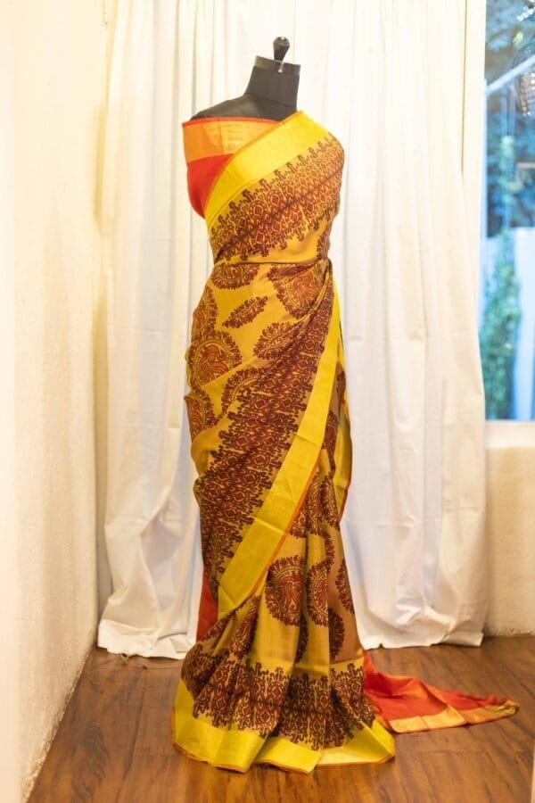 IMG-1567-1 Golden Sunset Yellow and Red Printed Kanchipuram Silk Saree