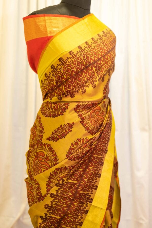 IMG-1568 Golden Sunset Yellow and Red Printed Kanchipuram Silk Saree