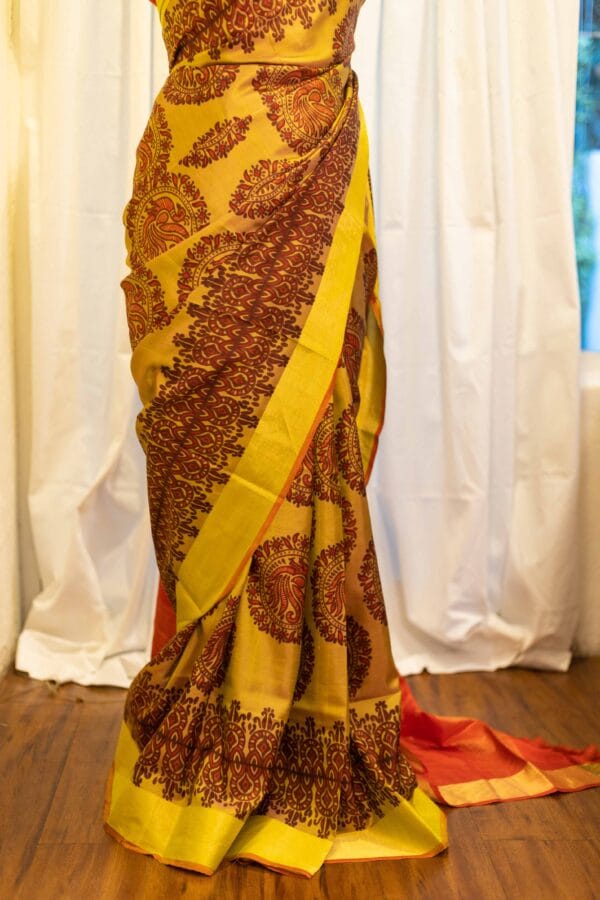 IMG-1570 Golden Sunset Yellow and Red Printed Kanchipuram Silk Saree