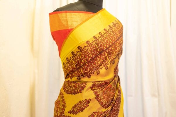 IMG-1576 Golden Sunset Yellow and Red Printed Kanchipuram Silk Saree