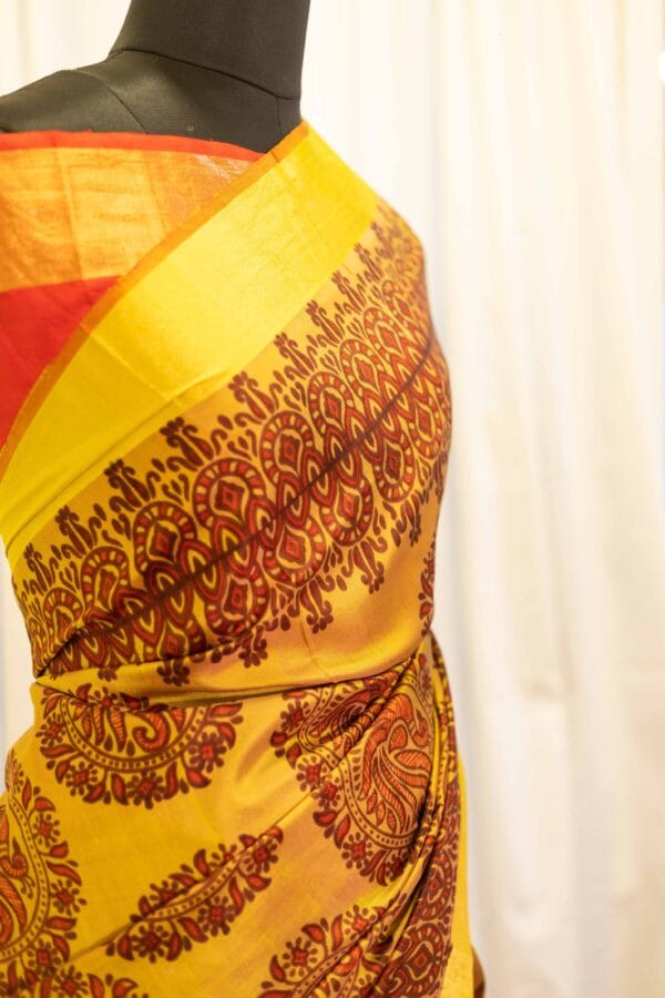 IMG-1577 Golden Sunset Yellow and Red Printed Kanchipuram Silk Saree