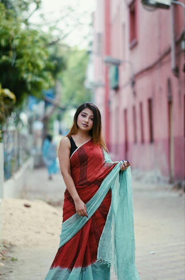 IMG-20190527-WA0000 Pure Handloom maroon and light sea green shaded Designer linen sarees
