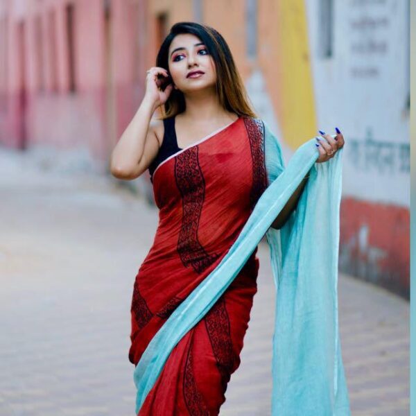 IMG-20190528-WA0046 Pure Handloom maroon and light sea green shaded Designer linen sarees