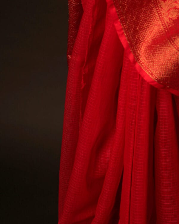 MG_6597 Crimson Elegance Red Kota Cotton Zari Plain Saree