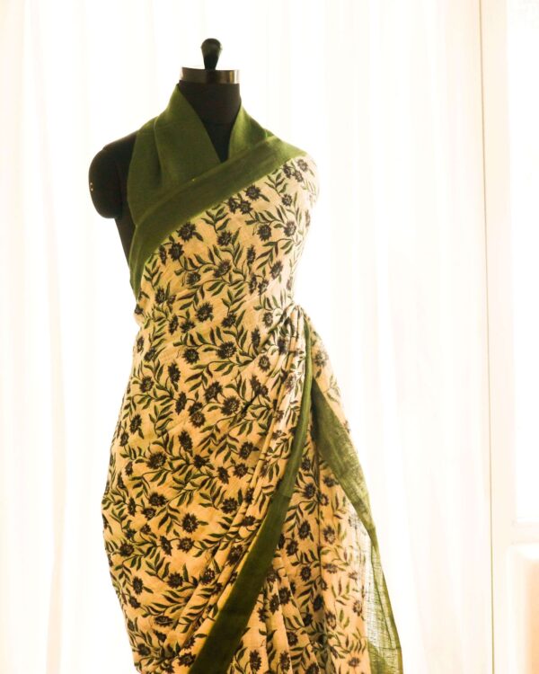 Pure-Handloom-Olive-Green-Linen-Silk-Saree-2 Pure Handloom Olive Green Designer linen sarees