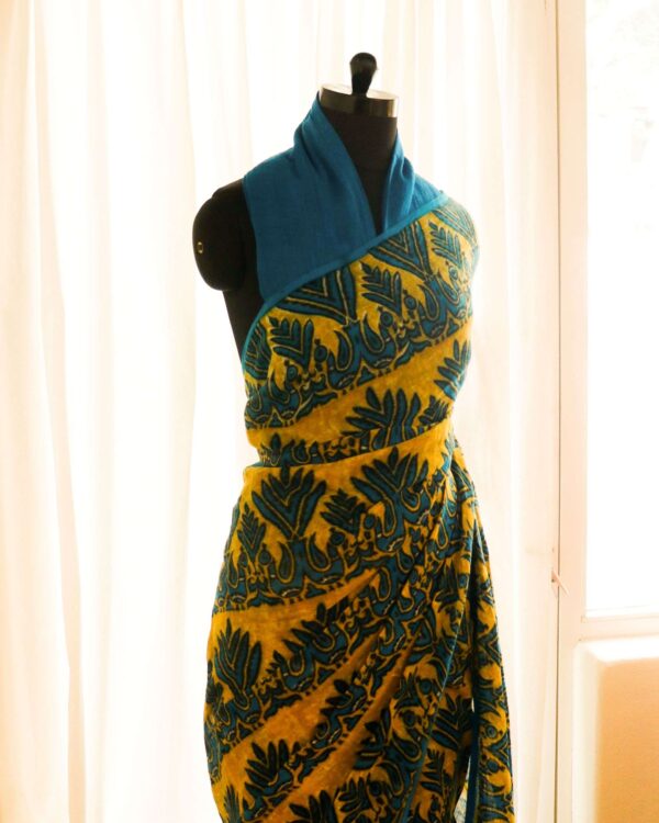 Pure-Handloom-Yellow-with-Blue-Linen-Silk-Saree-4 Pure Handloom Yellow with Blue Linen Saree