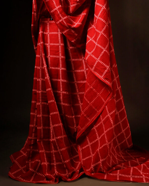 Red_with_white_checked_Kota_Cotton_Saree_2 Red with white checked Kota Cotton Saree, Bottom side close up