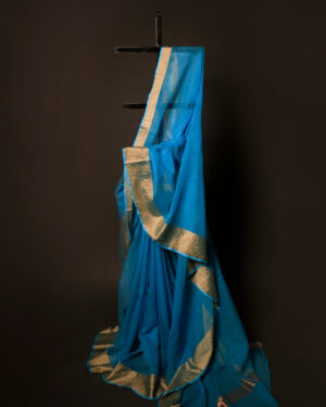 Sapphire Simplicity Blue Kota Cotton Zari Plain Saree, Full size