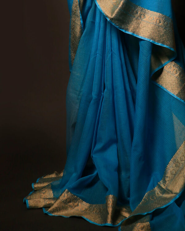 Sapphire Simplicity Blue Kota Cotton Zari Plain Saree, Bottom close up