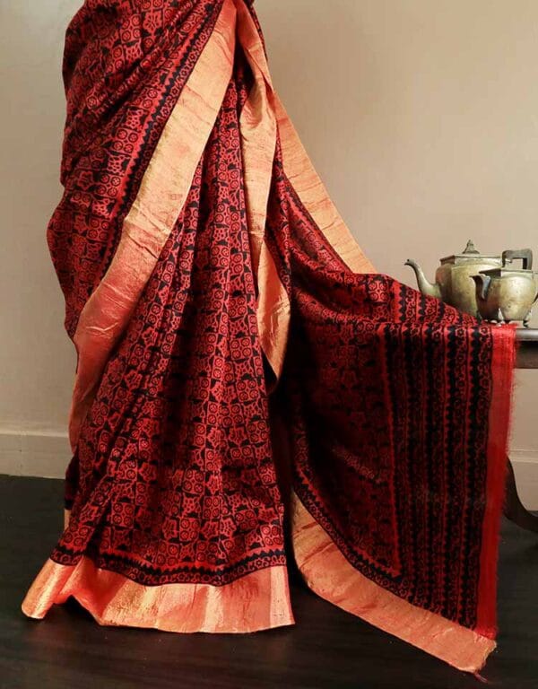 Pure Hand Block Printed Red and Black Duppion Silk Sarees