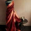 Pure Hand Block Printed Red and Black Duppion Silk Sarees