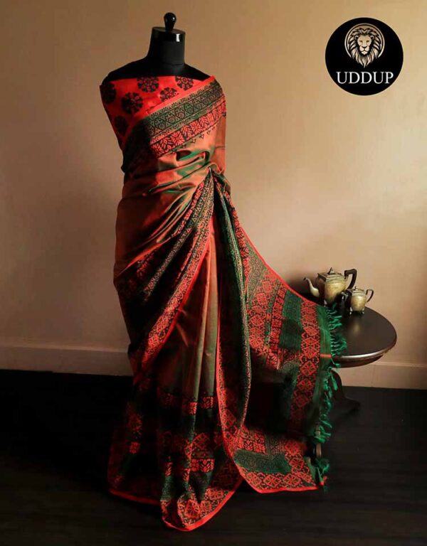 eazrhyz-1 Pure Handloom Emerald Green and Orange Silk Cotton Saree