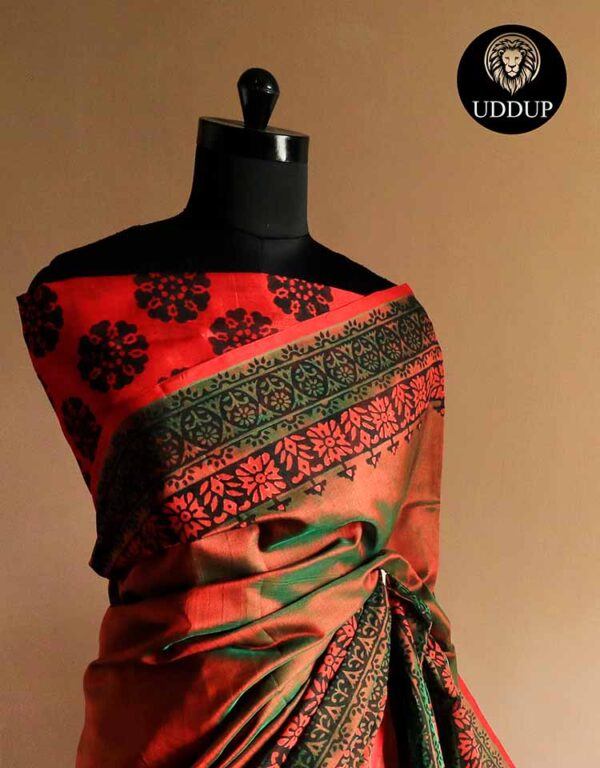 eazrhyz-3 Pure Handloom Emerald Green and Orange Silk Cotton Saree