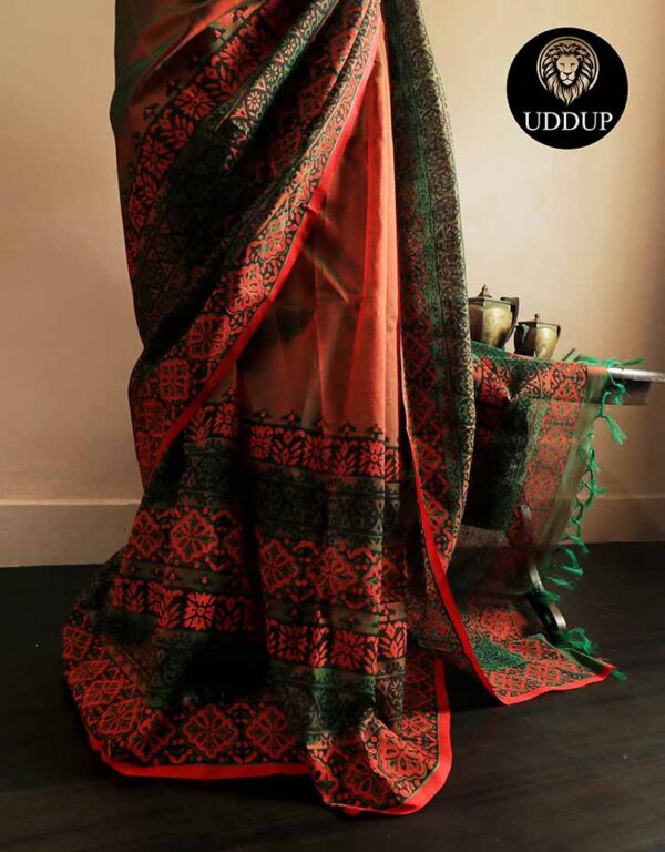 eazrhyz-4 Pure Handloom Emerald Green and Orange Silk Cotton Saree