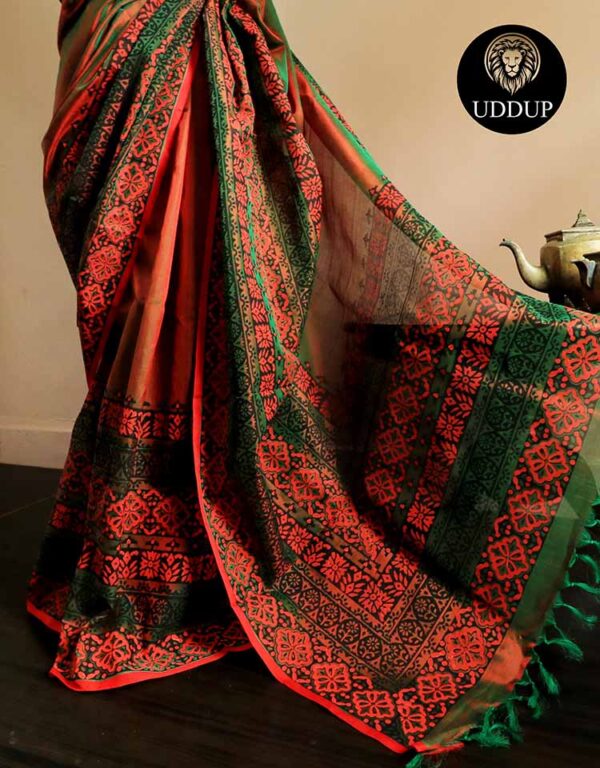 eazrhyz-5 Pure Handloom Emerald Green and Orange Silk Cotton Saree