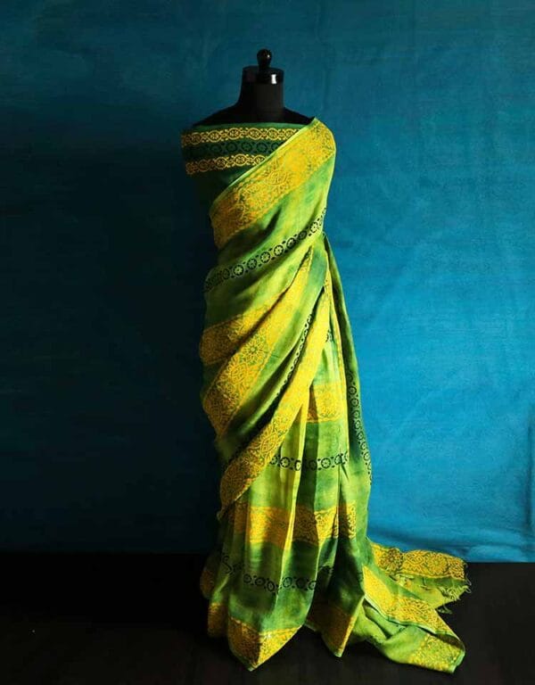 edfhzdrsh-2 Pure Hand Block Pigment Printed olive green Linen Saree